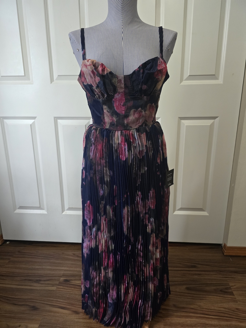 Alluring Invite Midnight Blue Floral Pleated Bustier Midi Dress